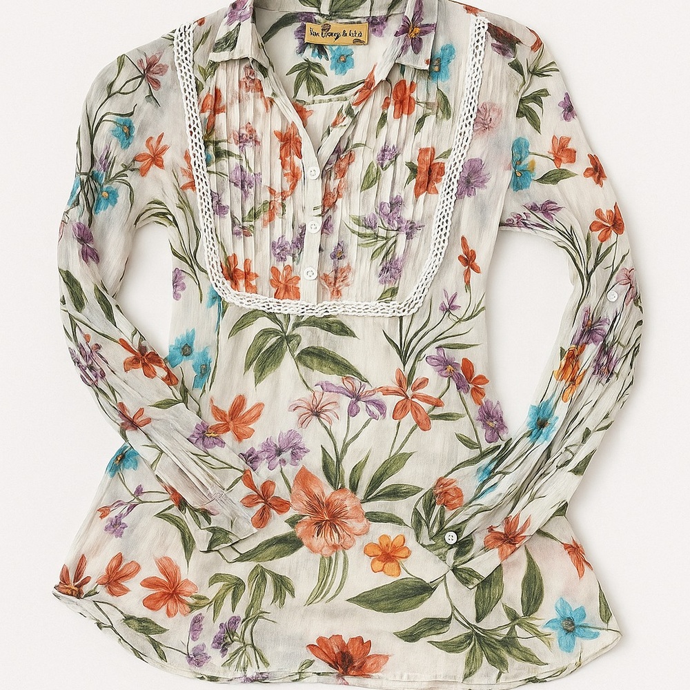 Johnny Was Multicolor Floral Blouse with Lace Detail